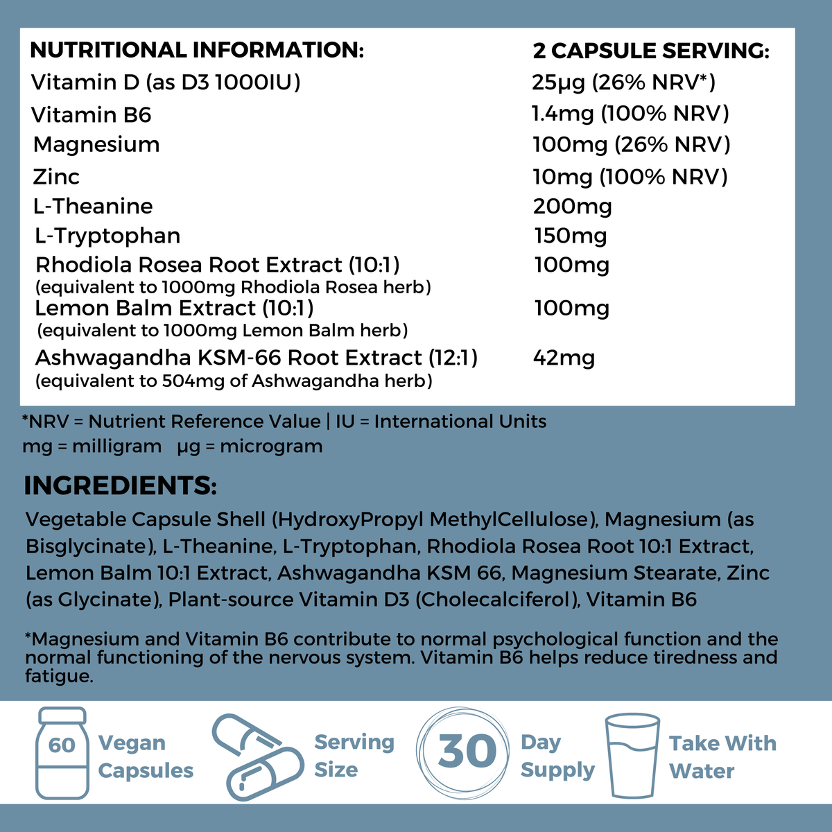 calma pact nutritional information table