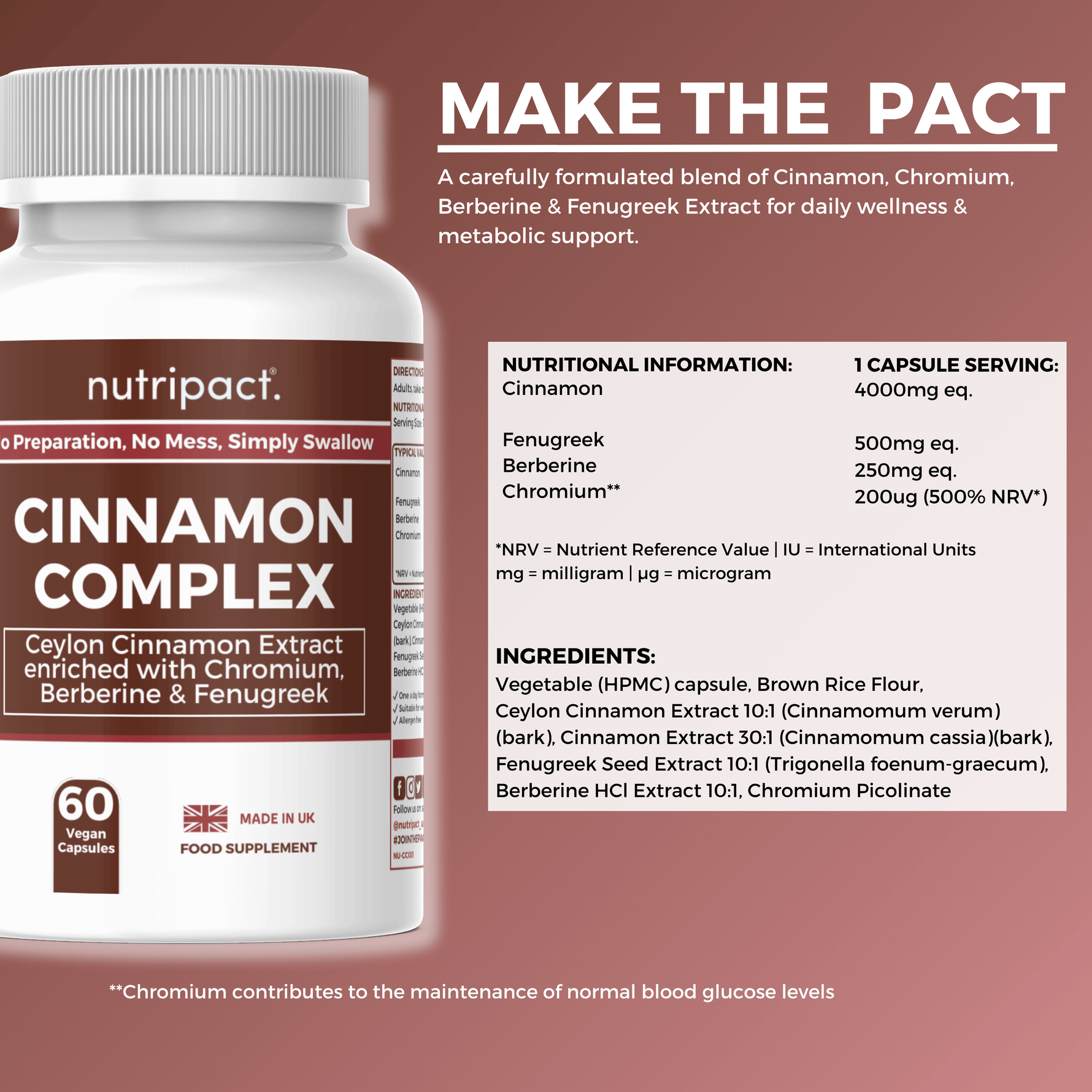 Nutripact Blood Sugar Support Capsules nutritional information label showing ingredients and serving size