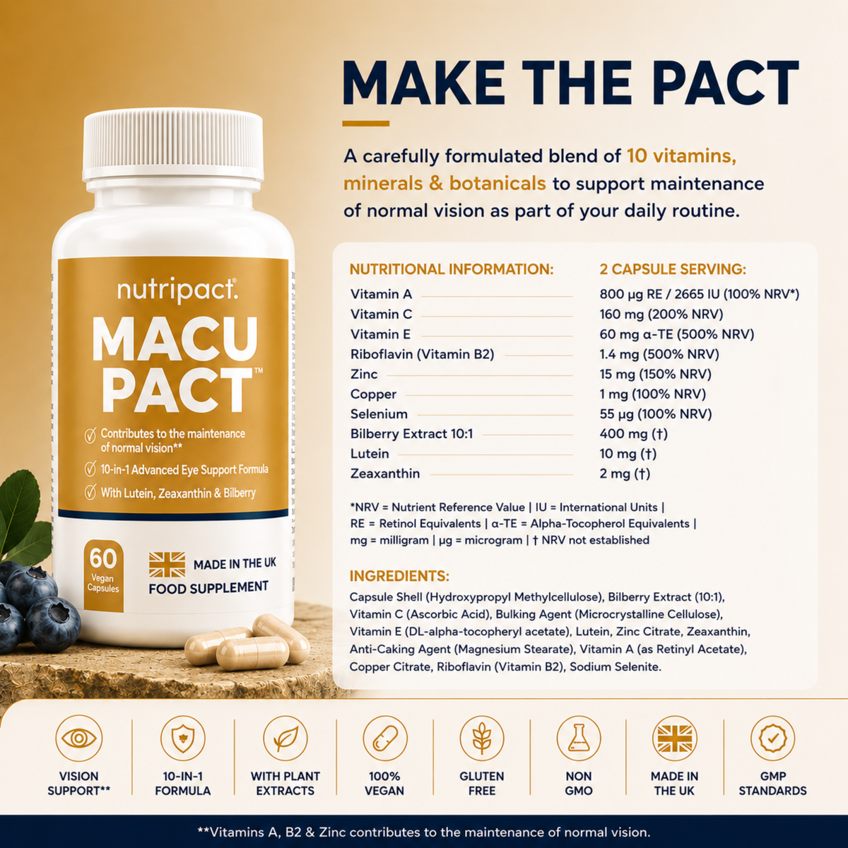 Nutripact Eye Support Complex Capsules nutritional information label showing ingredients and serving size