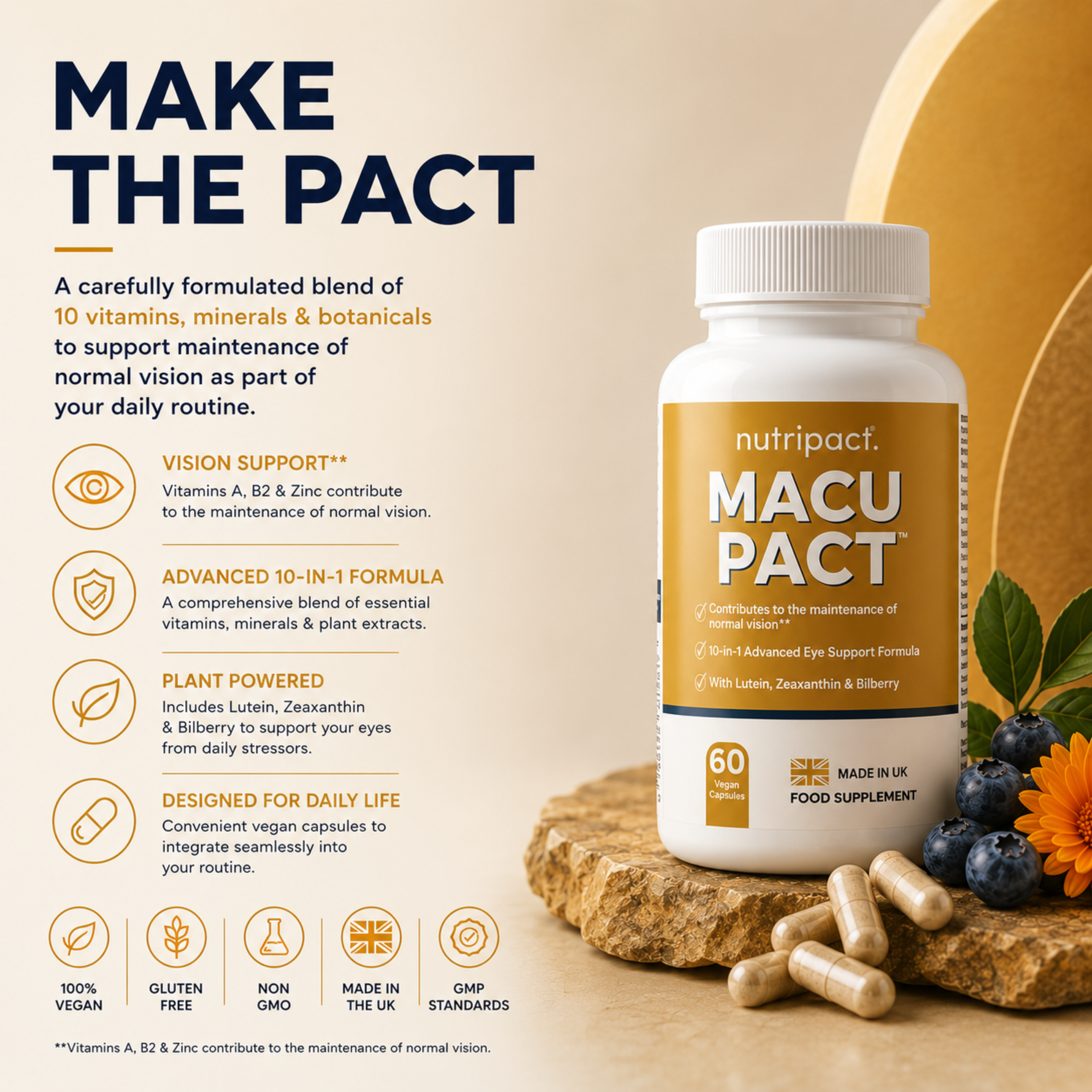 Nutripact Eye Support Complex Capsules highlighting key product attributes - Vision Support, Advanced 10-In-1 Formula, Plant Powered, Designed For Daily Life
