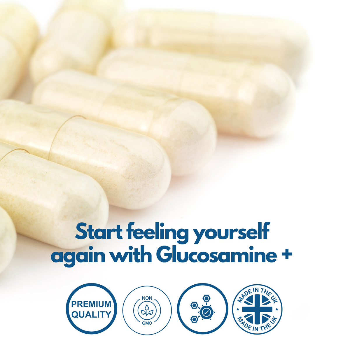 Nutripact Joint Complex Capsules on a white background with product attributes - Premium Quality, Non GMO, Made In The UK