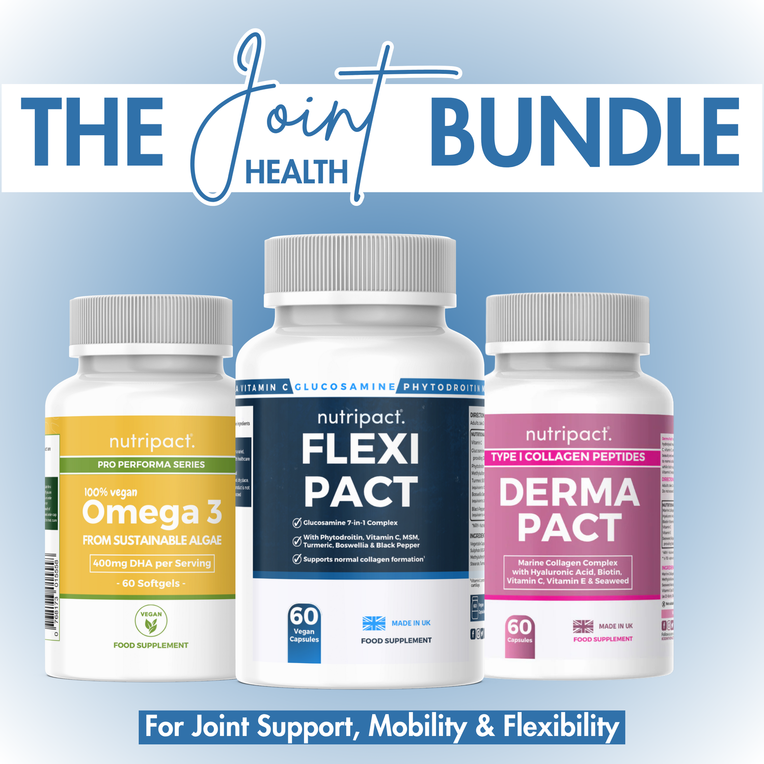 Nutripact Joint Health Bundle – Natural Supplements for Joint Support, Mobility & Flexibility. Includes Nutripact Vegan Omega 3, Joint Complex Capsules & Marine Collagen Complex Capsules