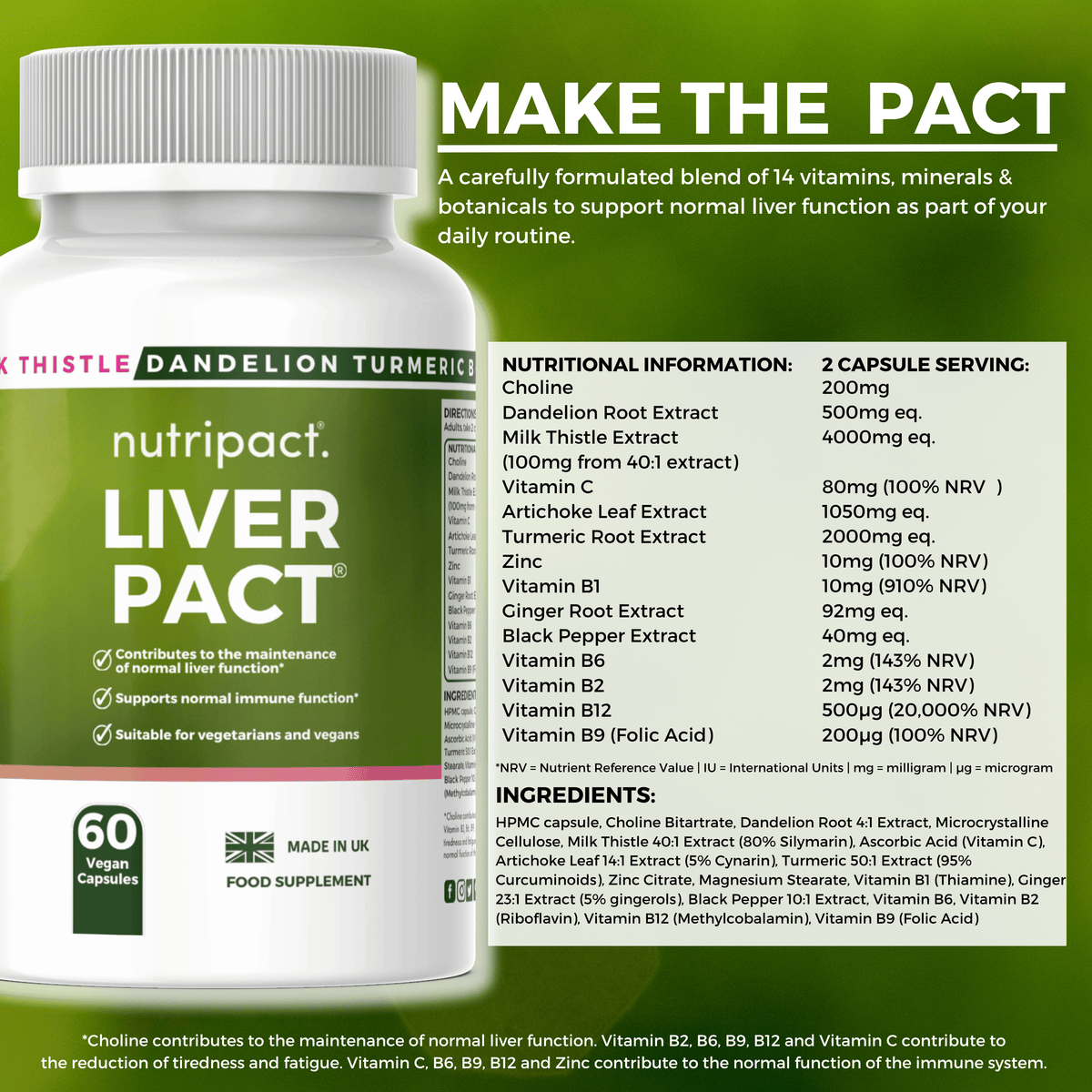 Nutripact Liver Support Complex Capsules nutritional information label showing ingredients and serving size
