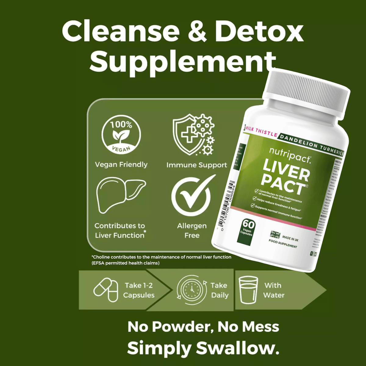 Nutripact Liver Support Complez Capsules highlighting key product features on a green background - Vegan Friendly, Immune Support, Contributes to Liver Function & Allergen Free