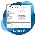 Nutripact Magnesium Complex Capsules nutritional information label showing ingredients and serving size on a white and blue background