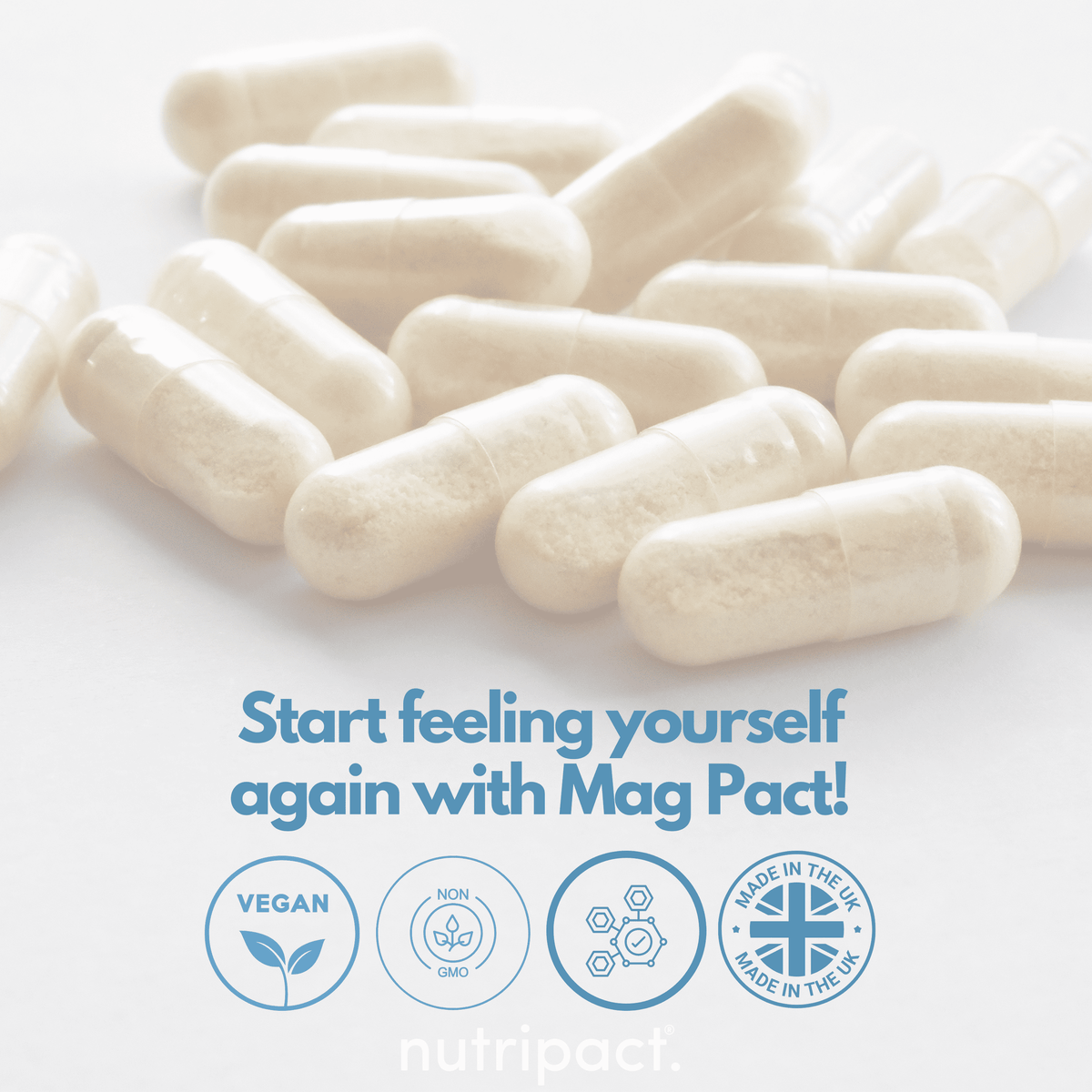 Nutripact Magnesium Complex Capsules on a white background with product attributes - Vegan, Non GMO, Made In The UK