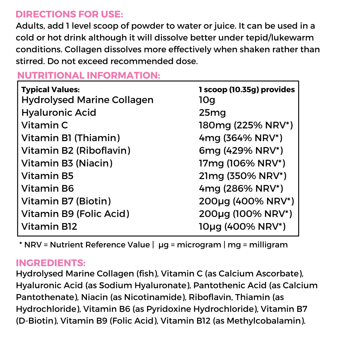 Nutripact Marine Collagen Powder Complex nutritional information label showing ingredients and serving size