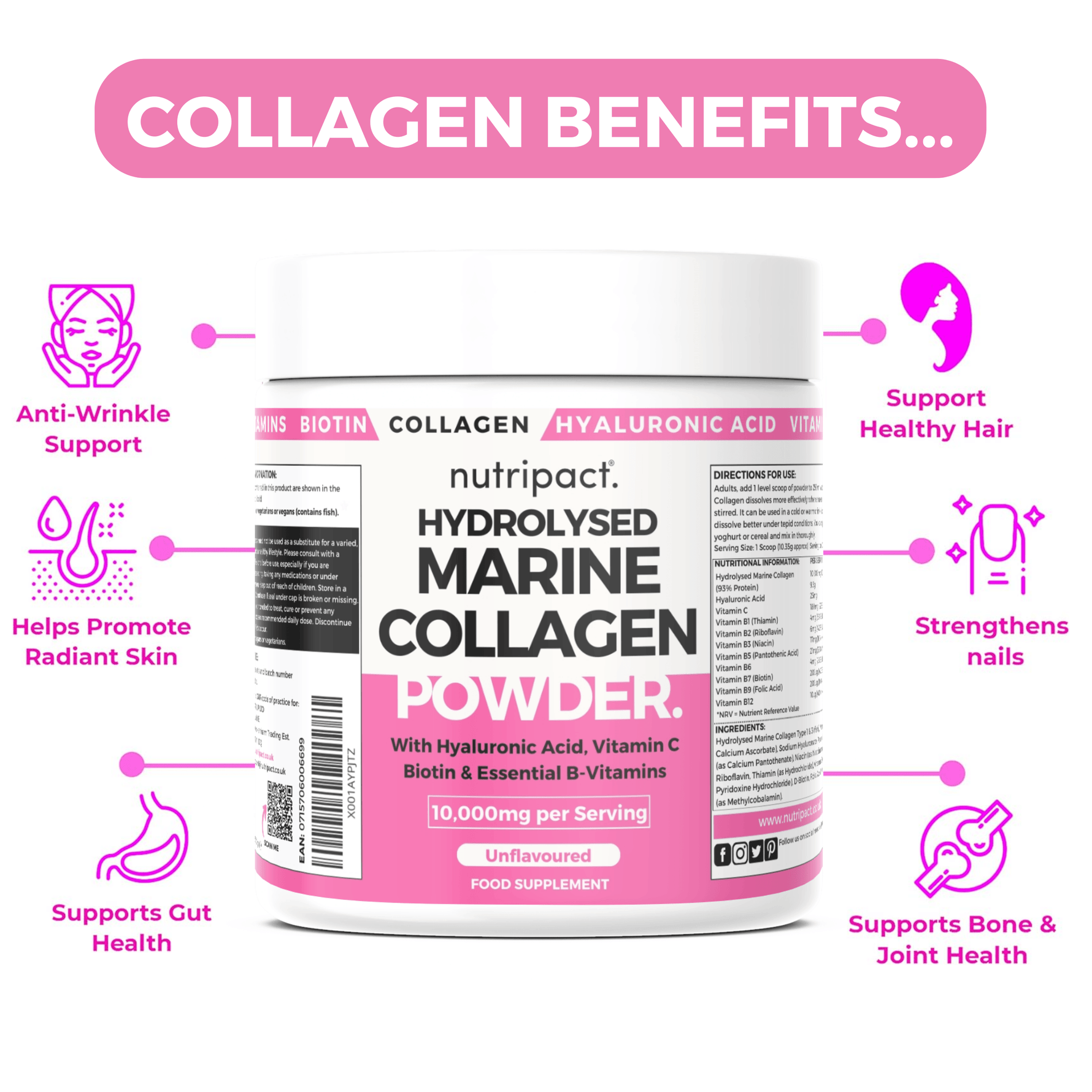 Nutripact Marine Collagen Powder Complex product benefits: Anti-Wrinkle Support, Helps Promote Radiant Skin, Supports Gut Health, Supports Healthy Hair, Strengthens Nails & Supports Bone & Joint Health