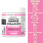 Nutripact Marine Collagen Powder Complex Supplement container with pink label and usage instructions.