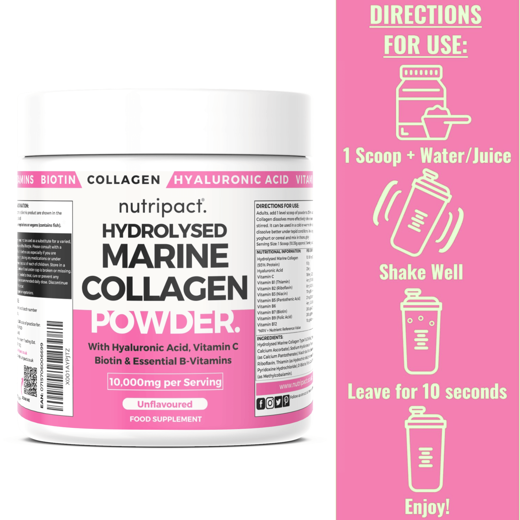 Nutripact Marine Collagen Powder Complex Supplement container with pink label and usage instructions.