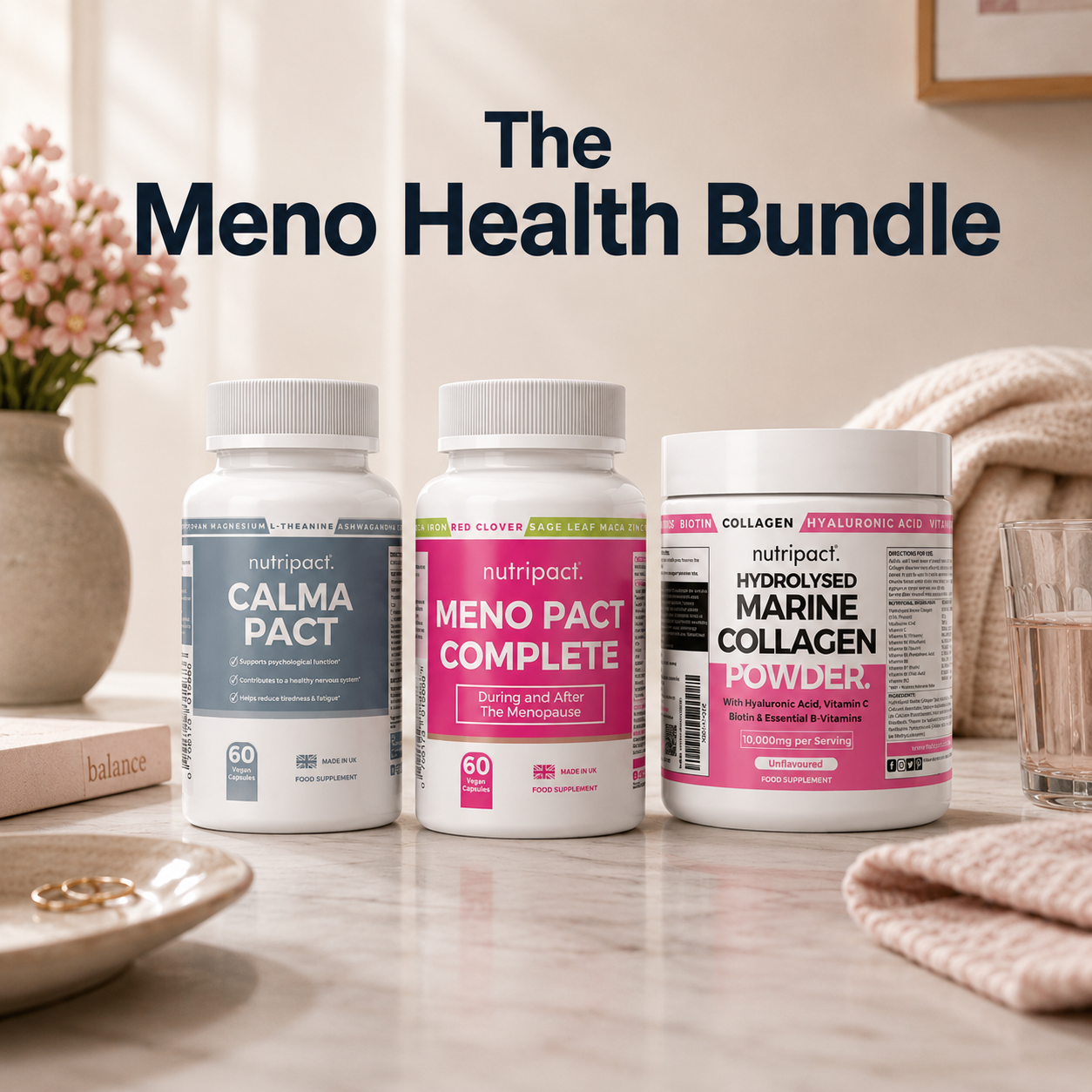 Nutripact Menopause Support Bundle – Natural Supplements for Perimenopause & Menopause support. Includes Nutripact Relaxation & Stress Support Capsules, Perimenopause & Menopause Capsules & Marine Collagen Powder Complex