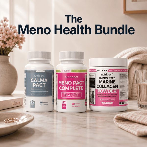 Nutripact Menopause Support Bundle – Natural Supplements for Perimenopause & Menopause support. Includes Nutripact Relaxation & Stress Support Capsules, Perimenopause & Menopause Capsules & Marine Collagen Powder Complex