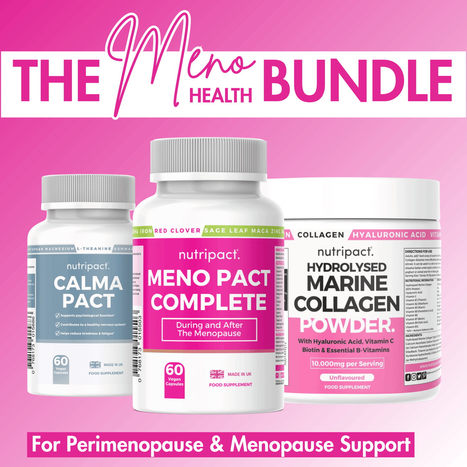 Nutripact Menopause Support Bundle – Natural Supplements for Perimenopause & Menopause support. Includes Nutripact Relaxation & Stress Support Capsules, Perimenopause & Menopause Capsules & Marine Collagen Powder Complex