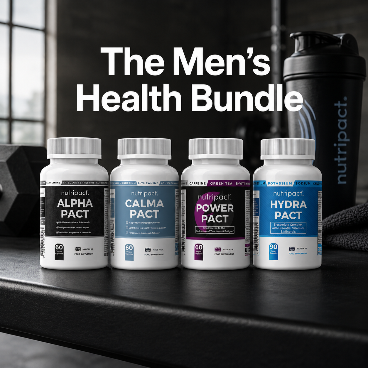 Nutripact Men's Health Bundle – Natural Supplements for Relaxation & Stress, Vitality, Hydration & Energy. Includes Nutripact Relaxation & Stress Support Capsules, Male Vitality Capsules, Electrolyte Complex Capsules & Energy Complex Capsules