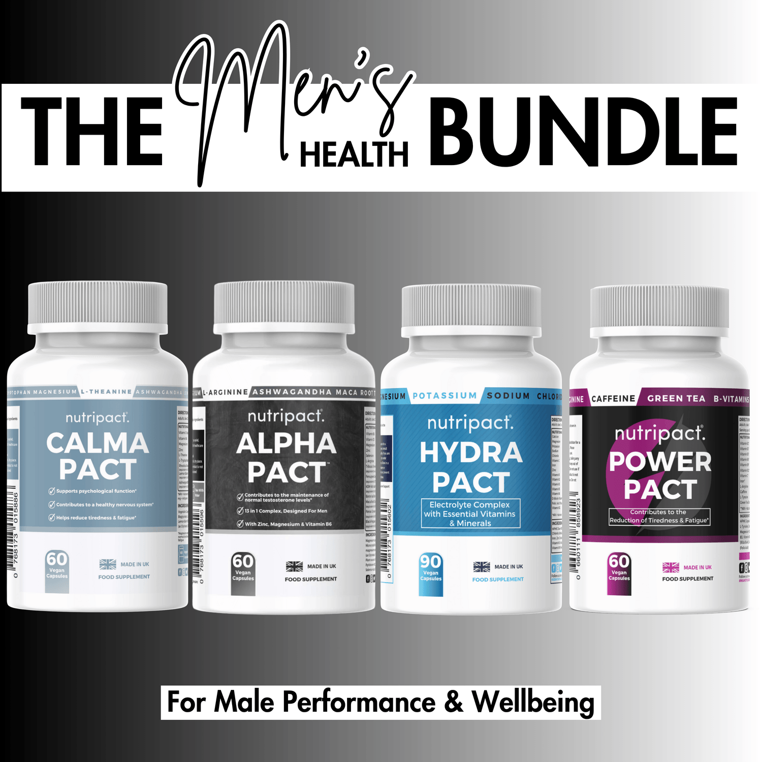 Nutripact Men's Health Bundle – Natural Supplements for Relaxation & Stress, Vitality, Hydration & Energy. Includes Nutripact Relaxation & Stress Support Capsules, Male Vitality Capsules, Electrolyte Complex Capsules & Energy Complex Capsules
