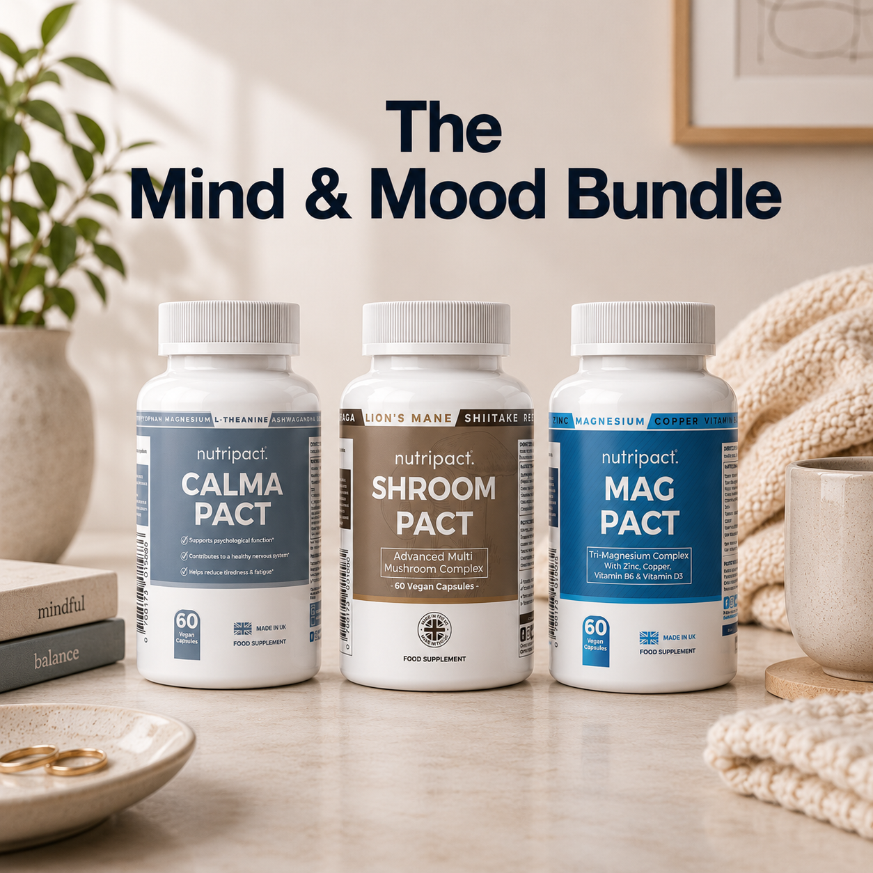Nutripact Mind & Mood Bundle – Natural Supplements for Calm, Clarity, and Everyday Balance. Includes Nutripact Relaxation & Stress Support Capsules, Mushroom Complex Capsules & Magnesium Complex Capsules