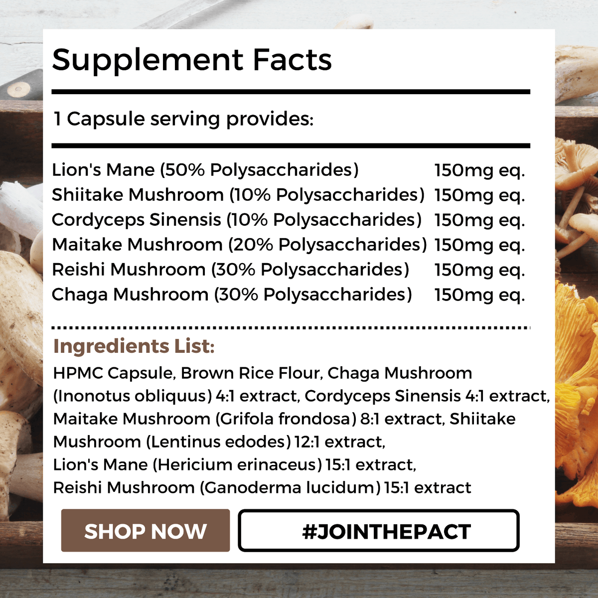 Nutripact Mushroom Complex Capsules nutritional information label showing ingredients and serving size