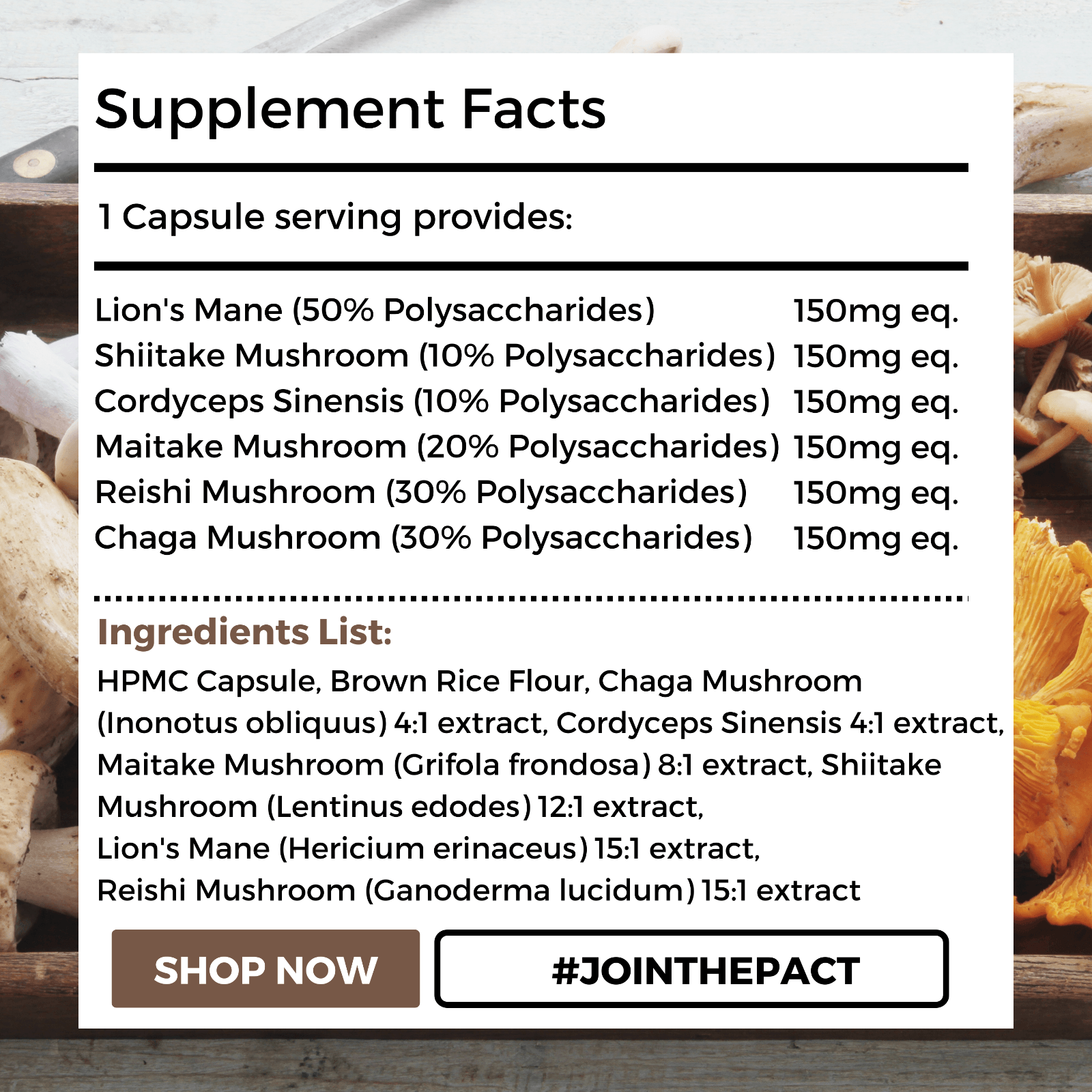 Nutripact Mushroom Complex Capsules nutritional information label showing ingredients and serving size
