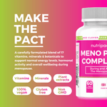 Nutripact Perimenopause & Menopause Capsules showing key product attributes on a pink and green background - Vitamins, Minerals, Plant extracts, 100% vegan, Gluten free & Non GMO