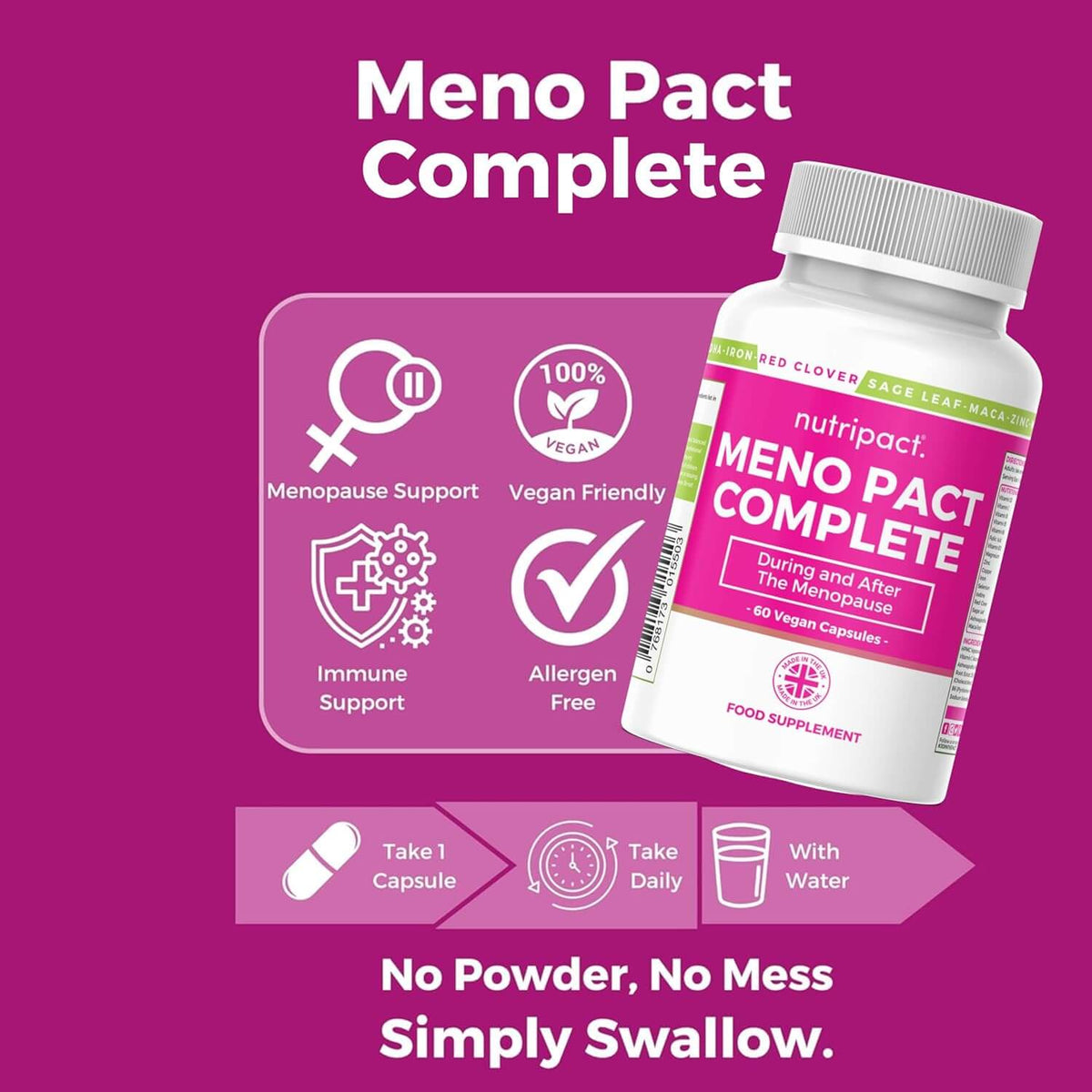 Nutripact Perimenopause & Menopause Capsules highlighting key product features on a pink background - Menopause Support, Vegan Friendly, Immune Support, Allergen Free