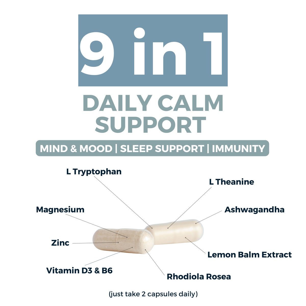 Nutripact Relaxation & Stress Support Capsules key ingredients: Magnesium, L-Tryptophan, L-Theanine, Ashwagandha, Lemon Balm Extract, Rhodiola Rosea, Vitamin D3, Vitamin B6, Zinc