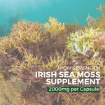 Nutripact Sea Moss Complex Capsules against a marine background with promotional text - High Strength Irish Sea Moss Supplement - 2000mg per Capsule