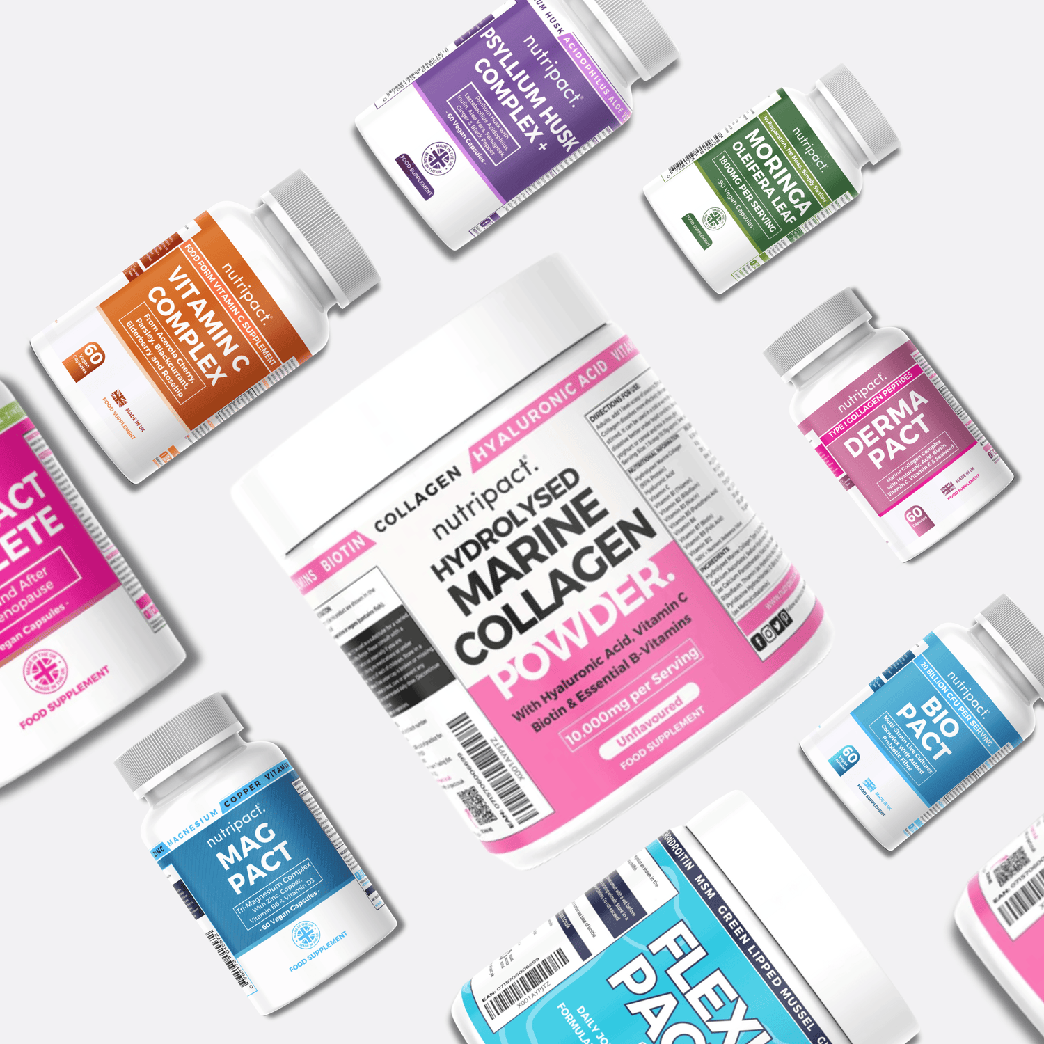 Assortment of Nutripact supplements arranged on a light background, featuring Marine Collagen Powder Complex in the center surrounded by bottles including Magnesium Complex Capsules, Probiotic Complex Capsules, Marine Collagen Complex Capsules, Vitamin C Complex Capsules, Moringa Capsules, and Fibre Complex Capsules.