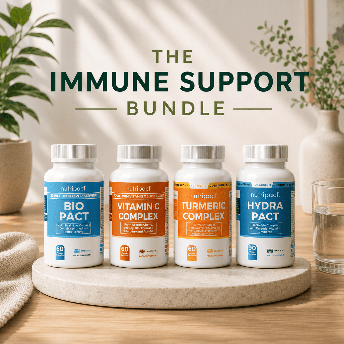 Nutripact The Immune Support Bundle – Natural Supplements for Immune support. Includes Nutripact Electrolyte Complex Capsules, Turmeric Complex Capsules, Vitamin C Complex Capsules & Probiotic Complex Capsules