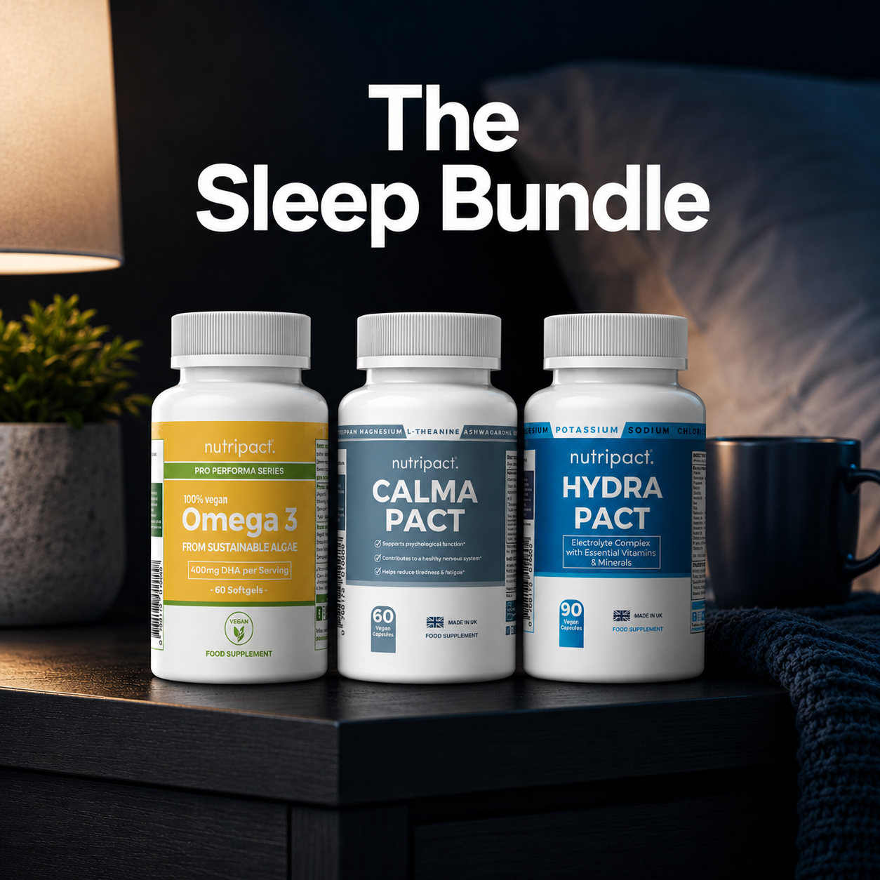 Nutripact The Sleep Bundle – Natural Supplements for Relaxation, Calm & Sleep support. Includes Nutripact Electrolyte Complex Capsules, Relaxation & Stress Support Capsules & Vegan Omega 3
