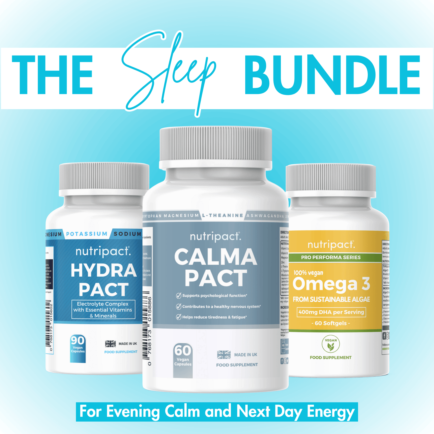 Nutripact The Sleep Bundle – Natural Supplements for Relaxation, Calm & Sleep support. Includes Nutripact Electrolyte Complex Capsules, Relaxation & Stress Support Capsules & Vegan Omega 3