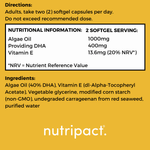 Nutripact Vegan Omega 3 supplement nutritional information label showing ingredients and serving size