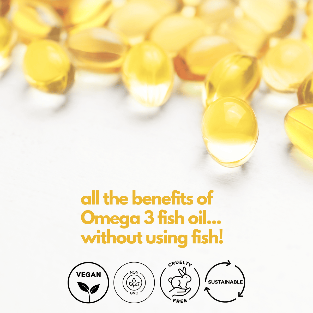 Nutripact Vegan Omega 3 supplement on a white background with product attributes - Premium Quaility, Non GMO, Cruelty Free, Sustainable