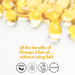 Nutripact Vegan Omega 3 supplement on a white background with product attributes - Premium Quaility, Non GMO, Cruelty Free, Sustainable